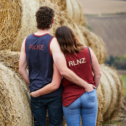 Couple in matching RLNZ tank tops, perfect slider singlet for country clothing lovers