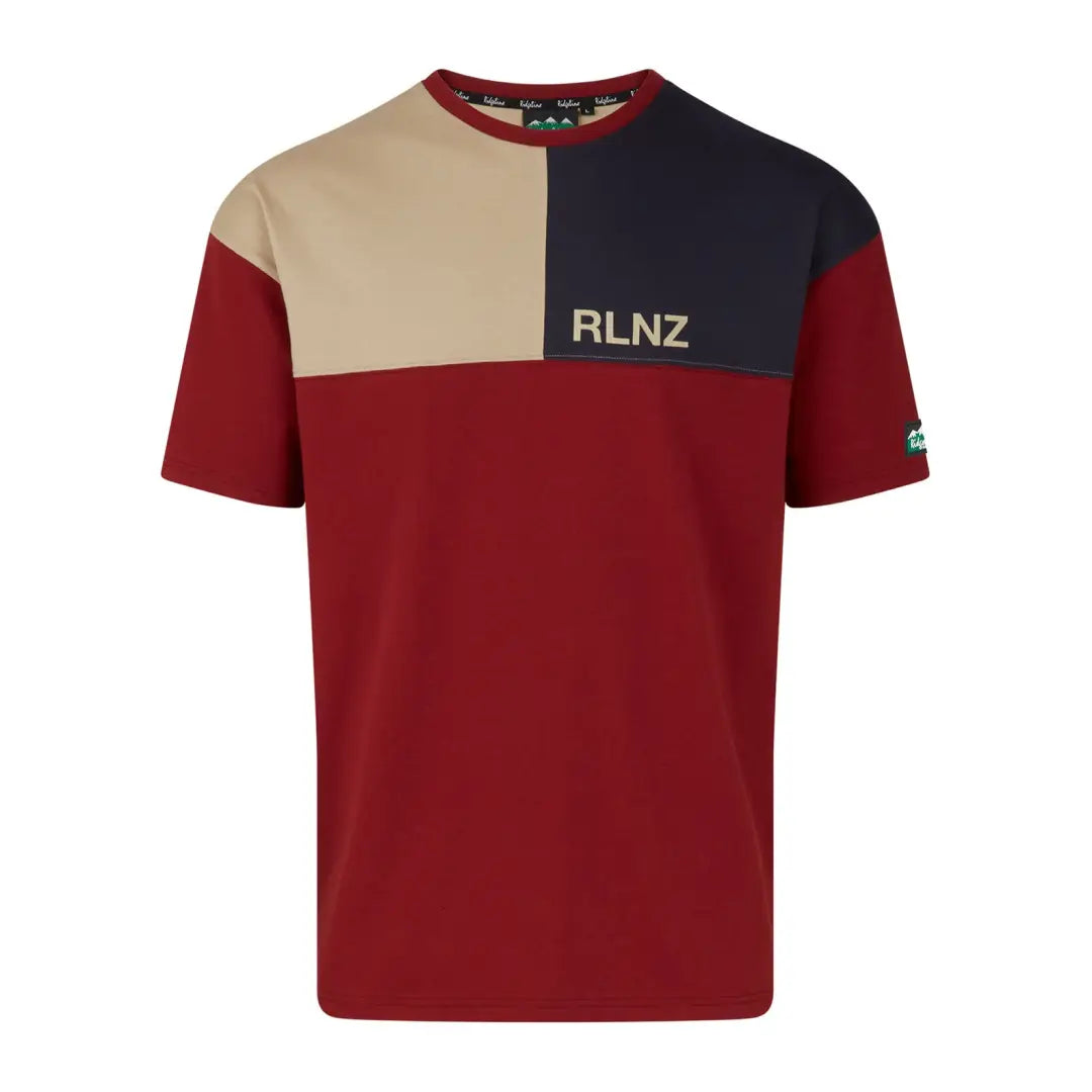 Color-blocked Ridgeline Backslider T-Shirt with RLNZ text, perfect country clothing