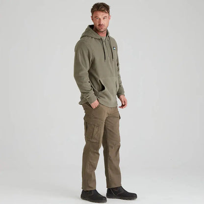 Man wearing a green Ridgeline Ballistic Hooded Fleece with cargo pants
