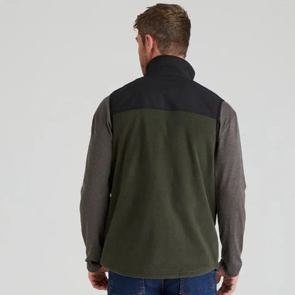Olive green and black Ridgeline Hybrid Fleece Gilet with arms moving freely for outdoor adventures