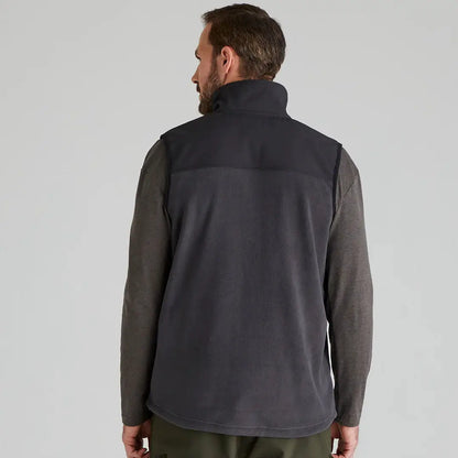 Man wearing Ridgeline Hybrid Fleece Gilet with arms moving freely, dark gray fleece vest