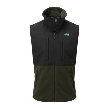 Sleeveless Ridgeline Hybrid Fleece Gilet with black upper and dark green lower, full zipper