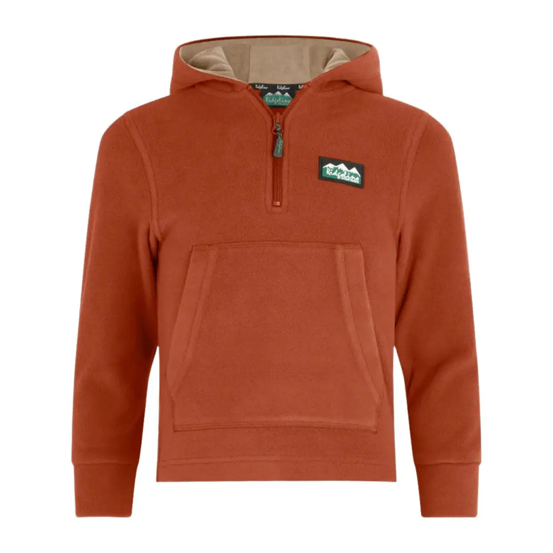 Rust-colored kids ballistic fleece hoodie with front pocket and partial zipper