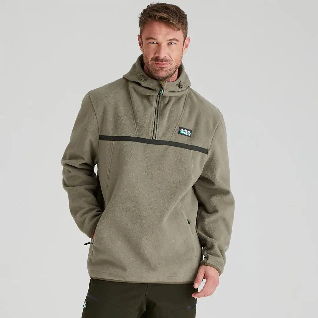 Man in a khaki hooded pro fleece smock from Ridgeline Kodiak Fleece Smock collection
