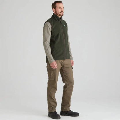 Man wearing Ridgeline Kodiak Gilet in olive green with cargo pants comfortable outdoor look