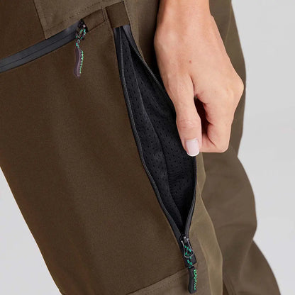Olive green Ridgeline Ladies Cambrian Trousers with zippered mesh pocket for harsh weather
