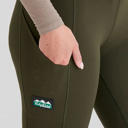 Olive green Ridgeline Ladies Infinity Leggings with side pocket and brushed finish add versatility