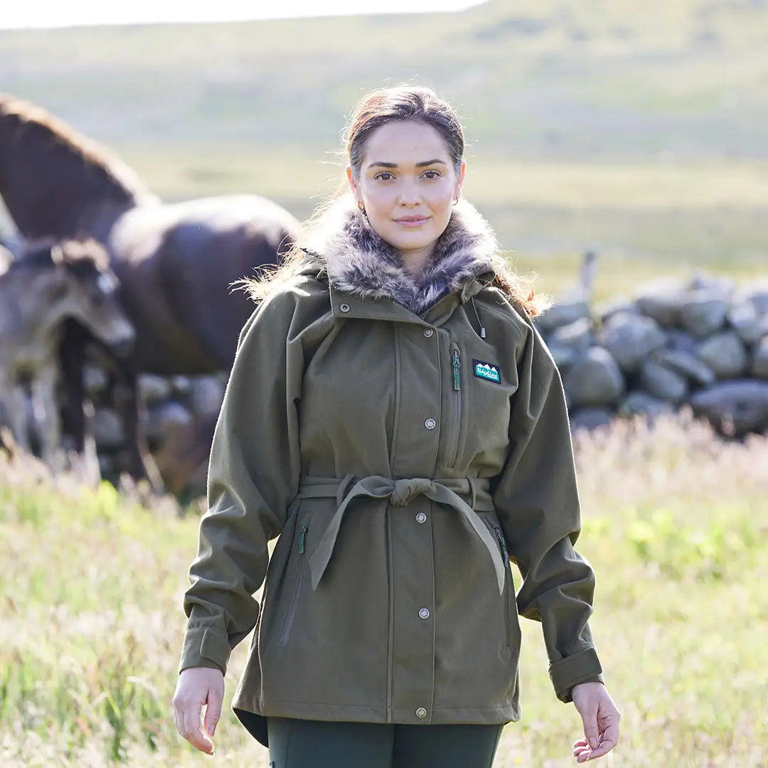 Olive green Ridgeline Ladies Monsoon Nordic Jacket with fur trim and belt