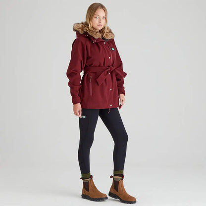 Burgundy belted hooded jacket on the Ridgeline Ladies Monsoon Nordic Smock for cozy style