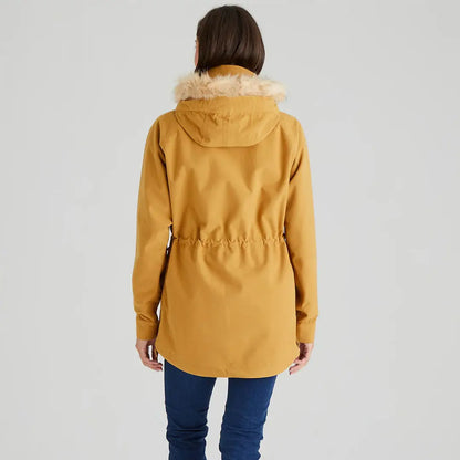 Mustard-colored Ridgeline Ladies Monsoon Nordic Smock with faux fur trim outdoors