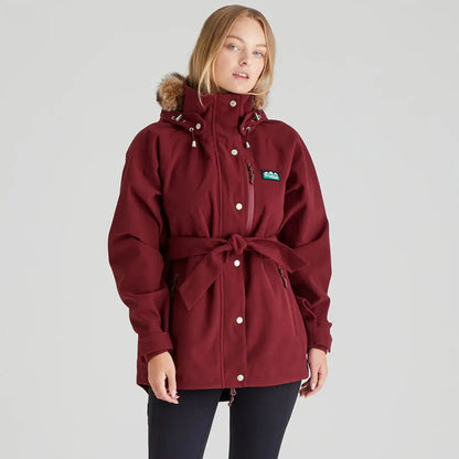 Maroon belted winter coat with fur-trimmed hood from Ridgeline Ladies Monsoon Nordic Smock
