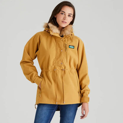 Mustard-colored hooded Monsoon Nordic Smock with faux fur trim for ladies
