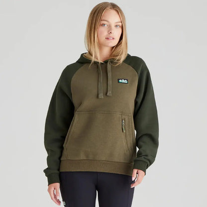 Olive green ladies North Island hoodie with raglan sleeves from Ridgeline Ladies North Island collection