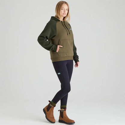 Woman in a ladies North Island hoodie with leggings and brown boots showcasing the Ridgeline Ladies North Island Hoodie