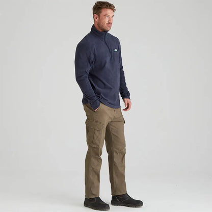 Man in navy long-sleeved shirt and olive cargo pants wearing Ridgeline Narvik Fleece
