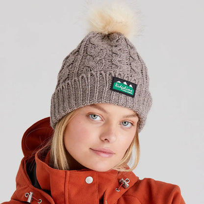 Gray Nordic Fleck Bobble Hat with fluffy pom-pom and green black label
