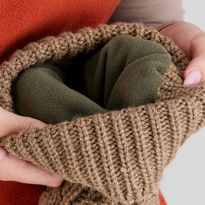 Brown ribbed knit fleck bobble hat lined with soft green fleece for cozy warmth