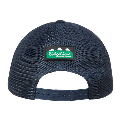 Navy blue mesh-back RLNZ Trucker Cap with Ridgeline logo patch for stylish outdoor wear
