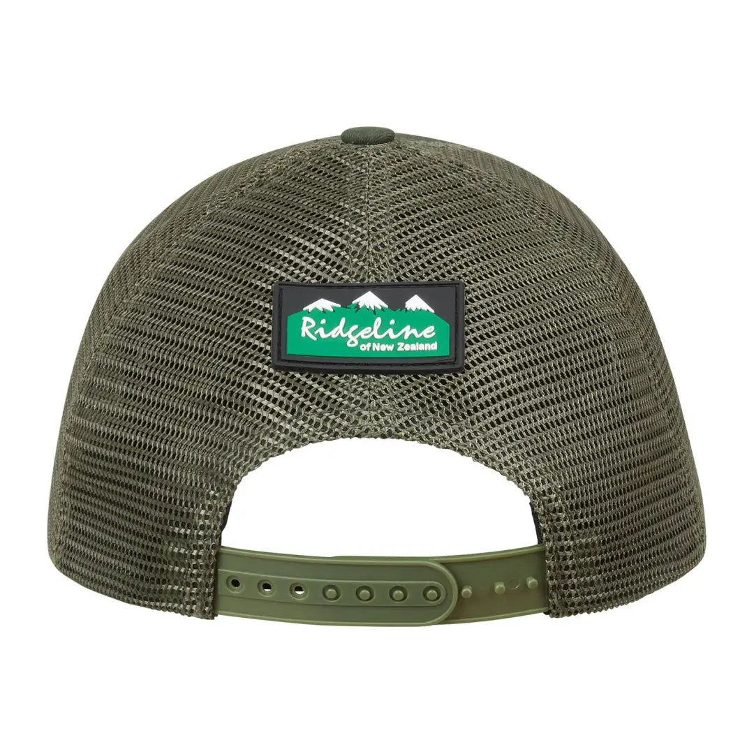 Olive green Ridgeline RLNZ Trucker Cap with mesh back and logo patch