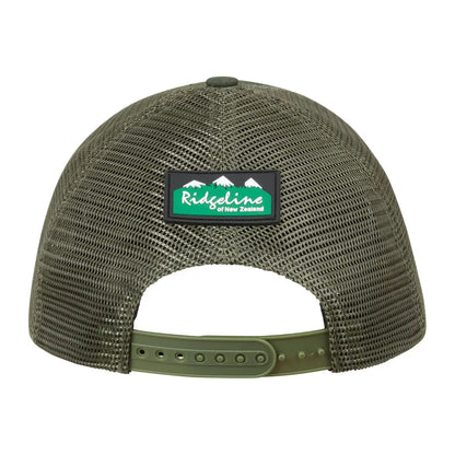 Olive green Ridgeline RLNZ Trucker Cap with mesh back and logo patch