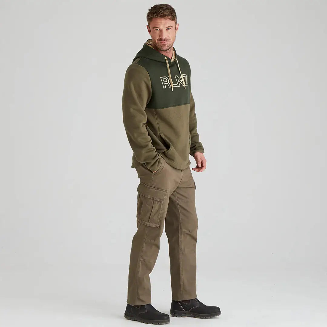 Man wearing a Ridgeline South Island Hoodie and cargo pants in casual style