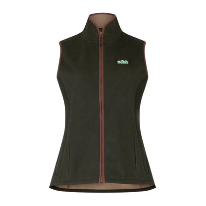 Dark green women’s Ridgeline Kodiak Gilet with brown trim, perfect for country clothing and hunting