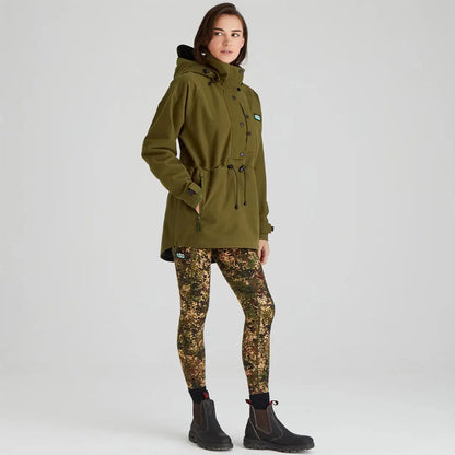 Woman in anorak and camouflage leggings wearing Ridgeline Womens Monsoon Classic Smock