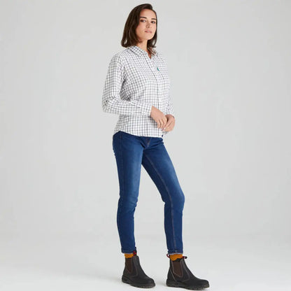 Ridgeline Womens Sedgebrook shirt worn by woman in checkered long-sleeve top and jeans
