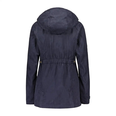 Navy blue Sasta Womens Vanamo Jacket with cinched waist and hand warming pockets