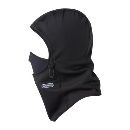Black balaclava head gaitor with adjustable drawstring and white brand tag for hunting