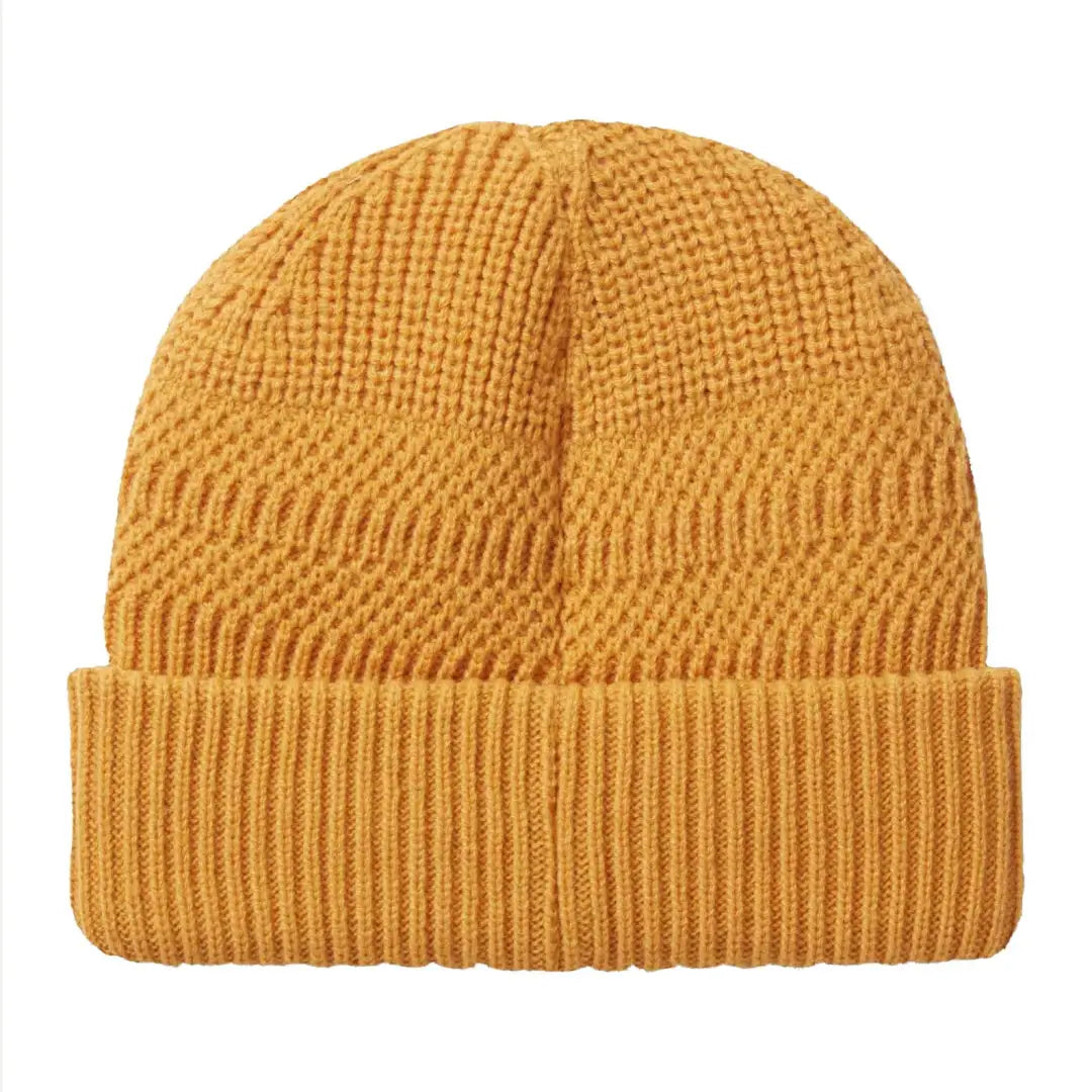 Mustard yellow roll cuff beanie with textured crown, perfect for cold weather