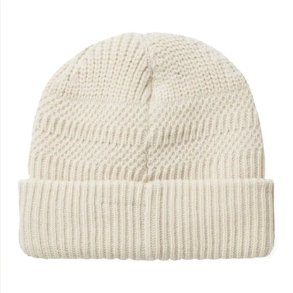 Off-white roll cuff beanie with ribbed cuff, perfect for cold weather style