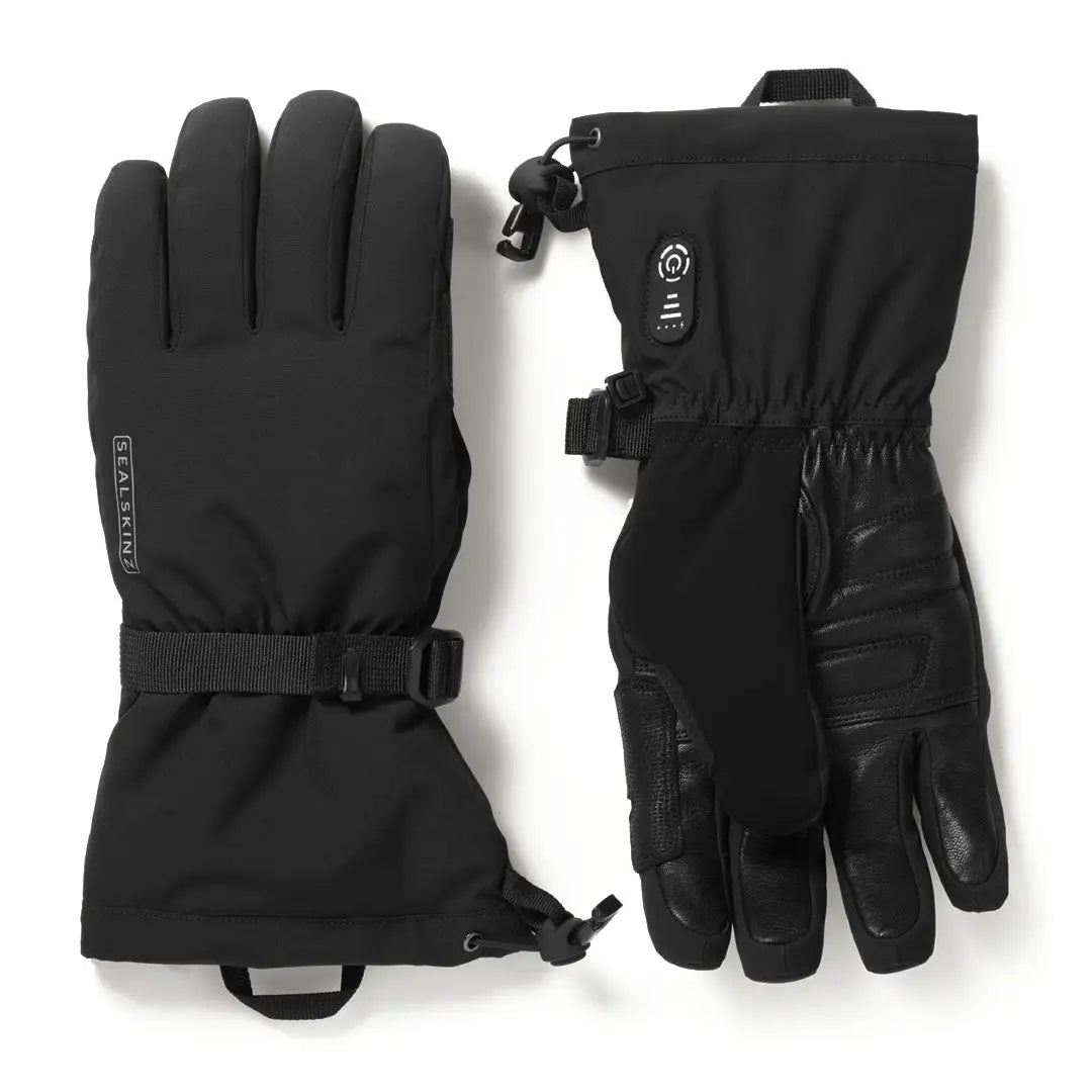 Black waterproof heated gloves with adjustable wrist straps for outdoor hunting country clothing