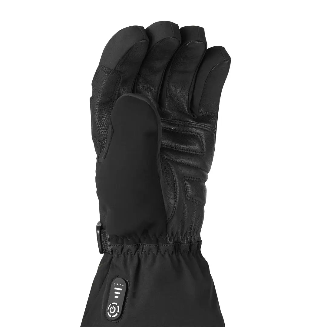 Black heated winter glove with adjustable wrist strap for outdoor hunting and country clothing