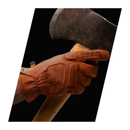 Leather work glove gripping axe handle for waterproof cold weather tasks