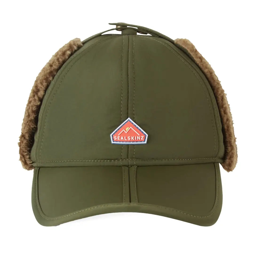 Olive green trapper hat with faux fur ear warmer for hunting and country clothing