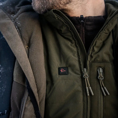 Olive green Celsius Heat Waistcoat with zippers and fur-lined collar for winter style