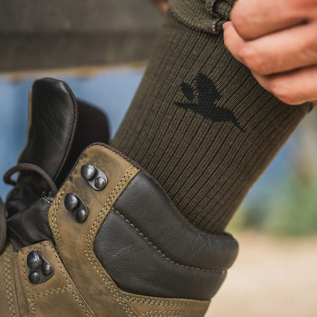 Olive green Seeland Field Merino Sock 2Pack with bird logo for hunting and country clothing