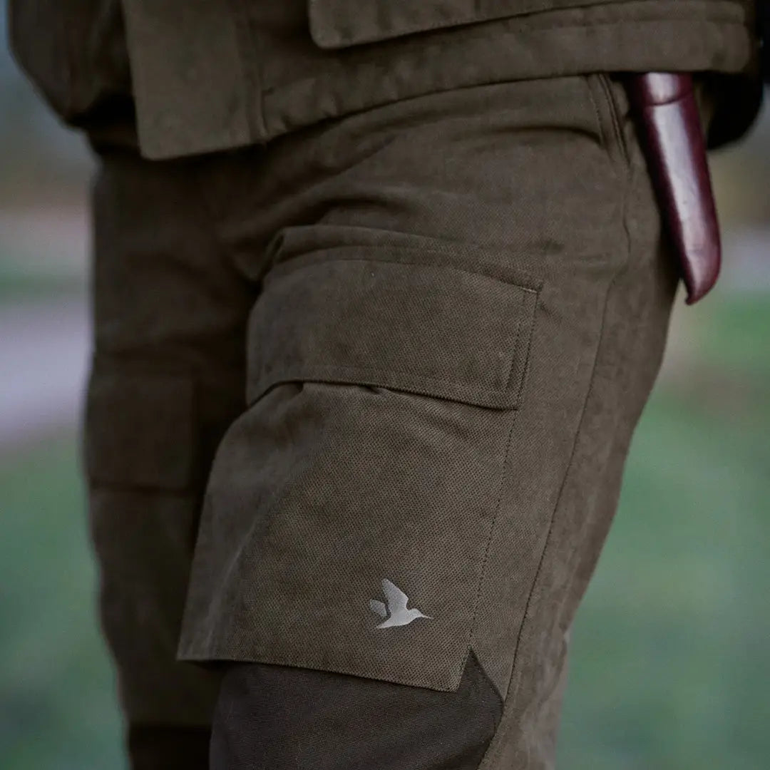 Khaki cargo pants with bird logo, perfect for stand hunting in late autumn, Seeland Helt II Trousers