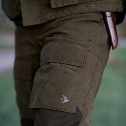 Khaki cargo pants with bird logo, perfect for stand hunting in late autumn, Seeland Helt II Trousers
