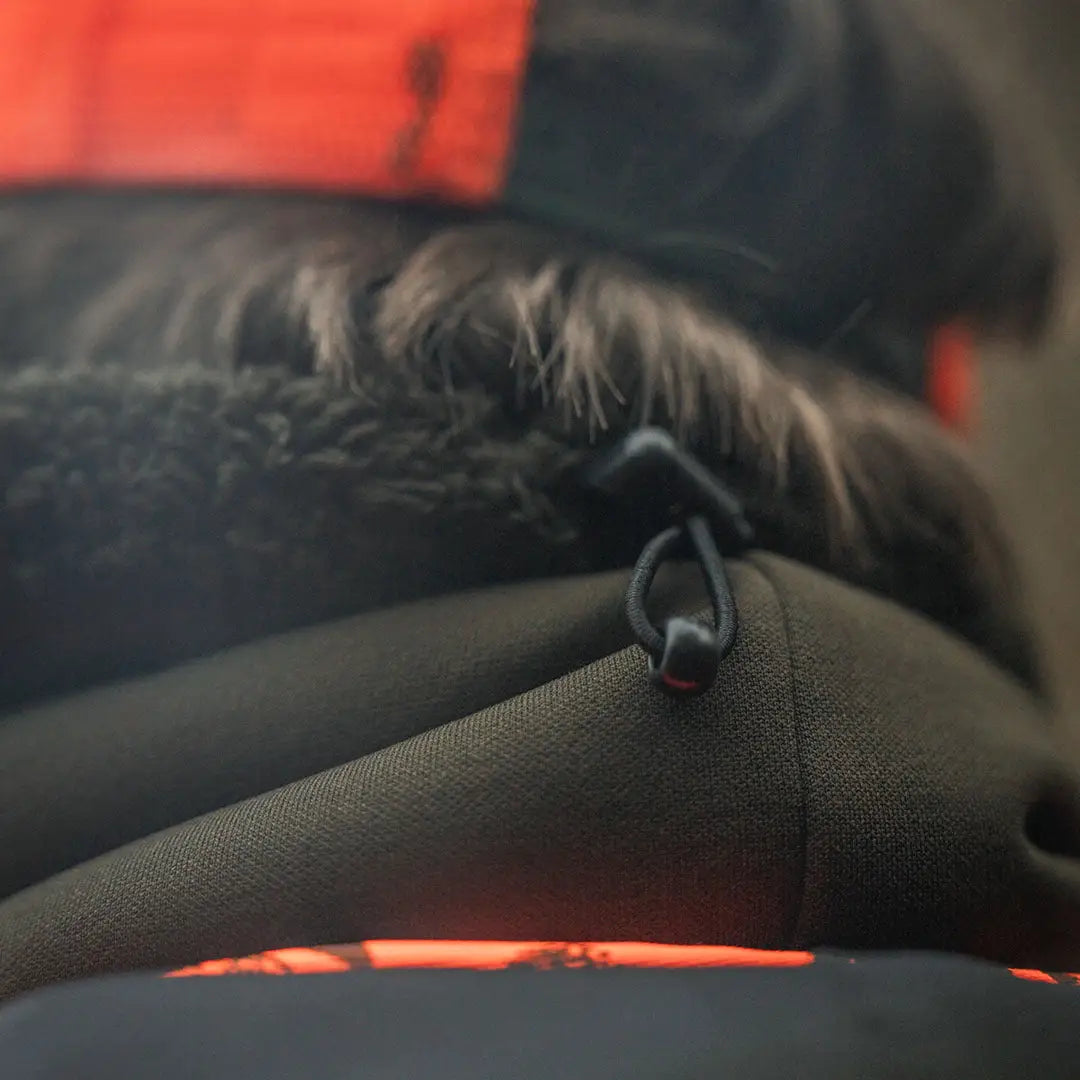 Olive green jacket with fur trim showcasing Seeland Iron Neckgaiter and iron neck style