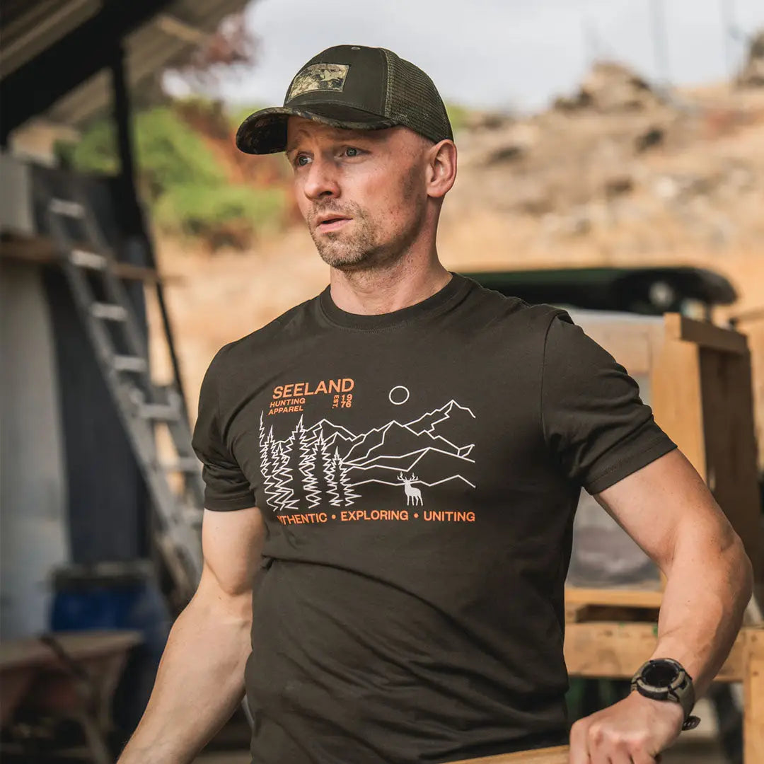 Man in a cap rocking the Seeland Landscape T-Shirt, perfect for country clothing and outdoors