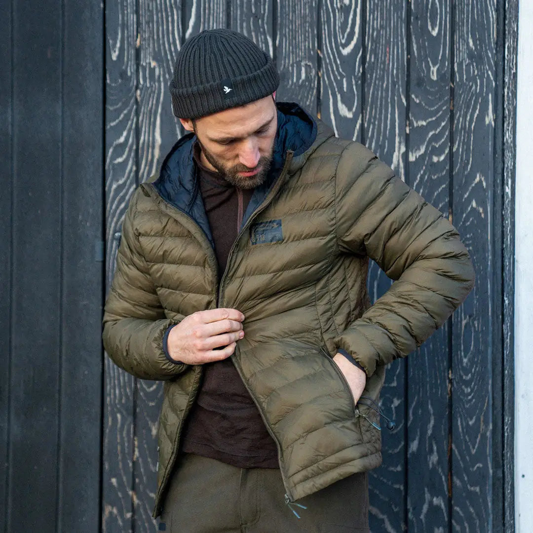 Olive green puffer jacket from Seeland Norite Beanie collection perfect for outdoor adventures