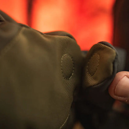 Olive green fabric with circular stitching on Seeland Trigger Fold-Back Gloves for outdoors