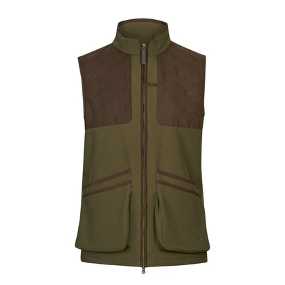 Olive green and brown shooting vest, perfect for country clothing and outdoor hunting adventures