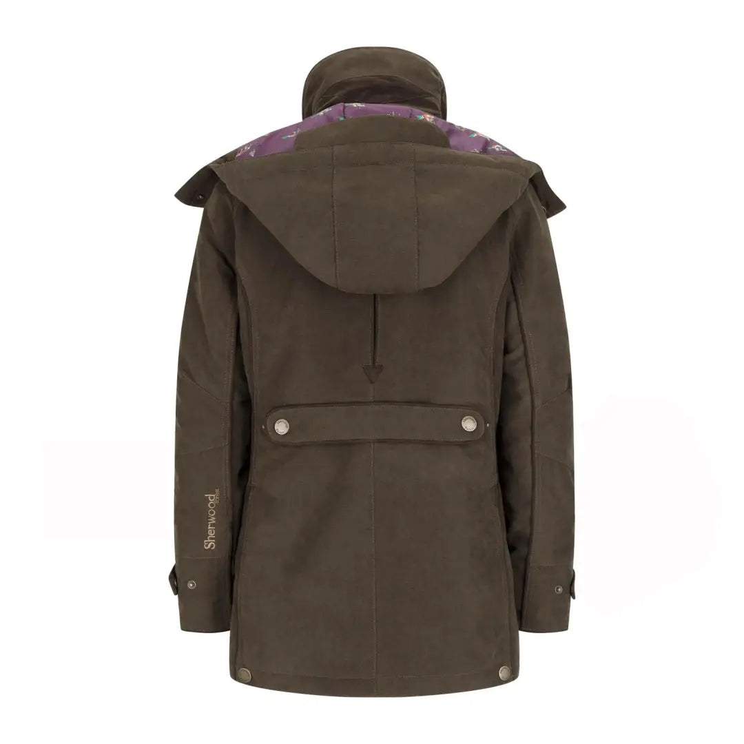 Brown hooded Sherwood Forest Oakham jacket with buttons and pockets on the back