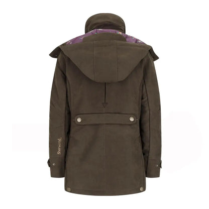 Brown hooded Sherwood Forest Oakham jacket with buttons and pockets on the back