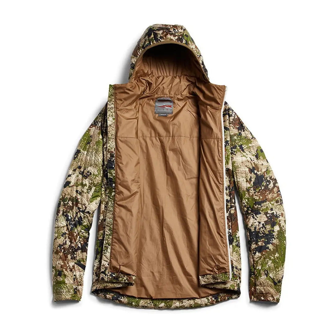 Camouflage Sitka Kelvin Aerolite Jacket with tan lining, perfect for off-season scouting trips
