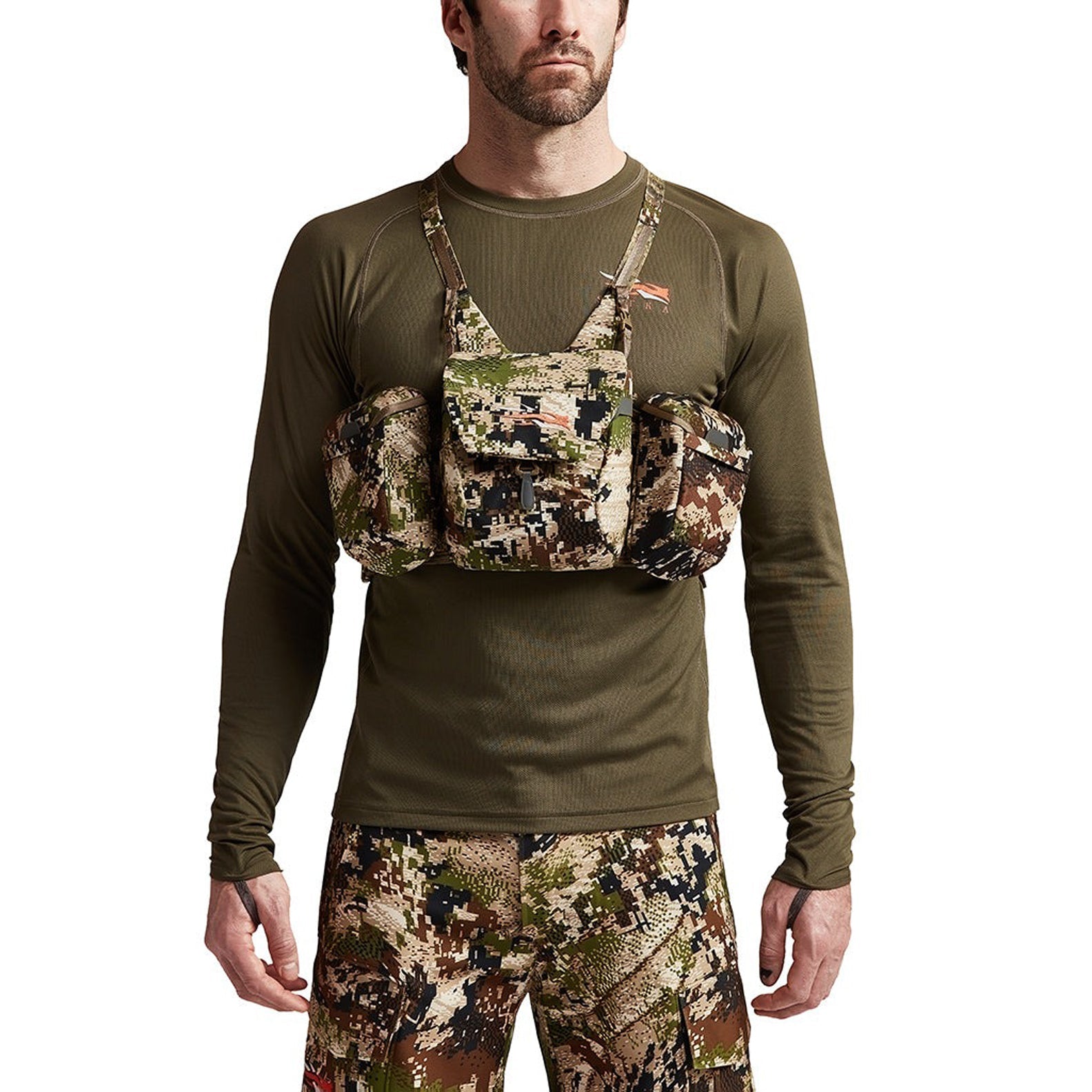 Camouflage Chest Pack in Sitka Mountain Optics Harness, perfect for big game hunters