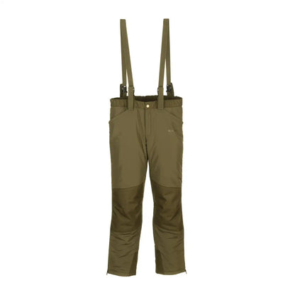 Olive green Snugpak Parallax Insulated Pants with suspenders and reinforced knees